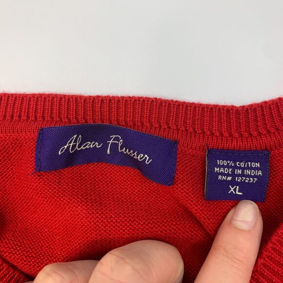 Alan Flusser Sweater Vest Mens XL Extra Large Red V Neck Cotton Diamond Jacquard - Picture 4 of 10